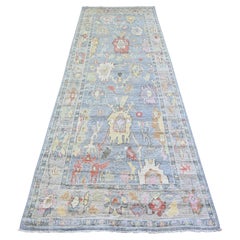 4'x11'7" Azul Gris Pura Lana Anudada a Mano Alfombra Ancha Angora Afgana Oushak