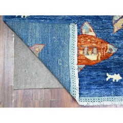 4'x11'7" Blue Wool Hand Knotted Peshawar Oceanic Fish Pattern Wide Runner Rug