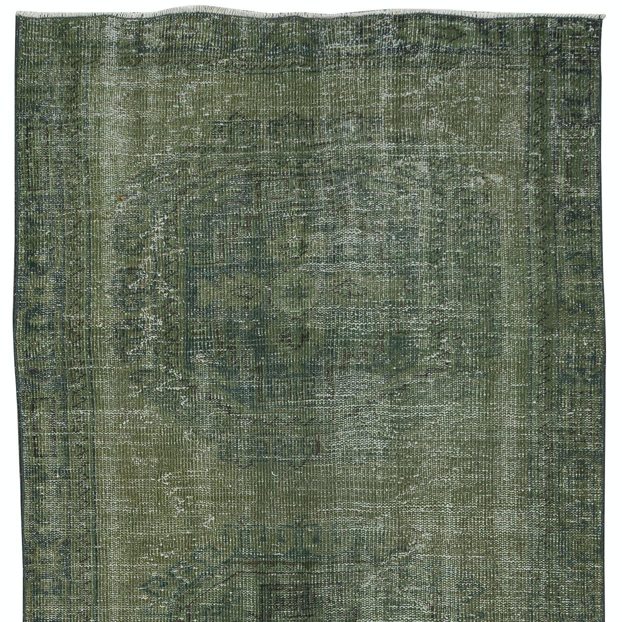Hand-Woven 4x11.7 Ft Vintage Turkish Runner Rug for Hallway. Green Handmade Corridor Carpet For Sale
