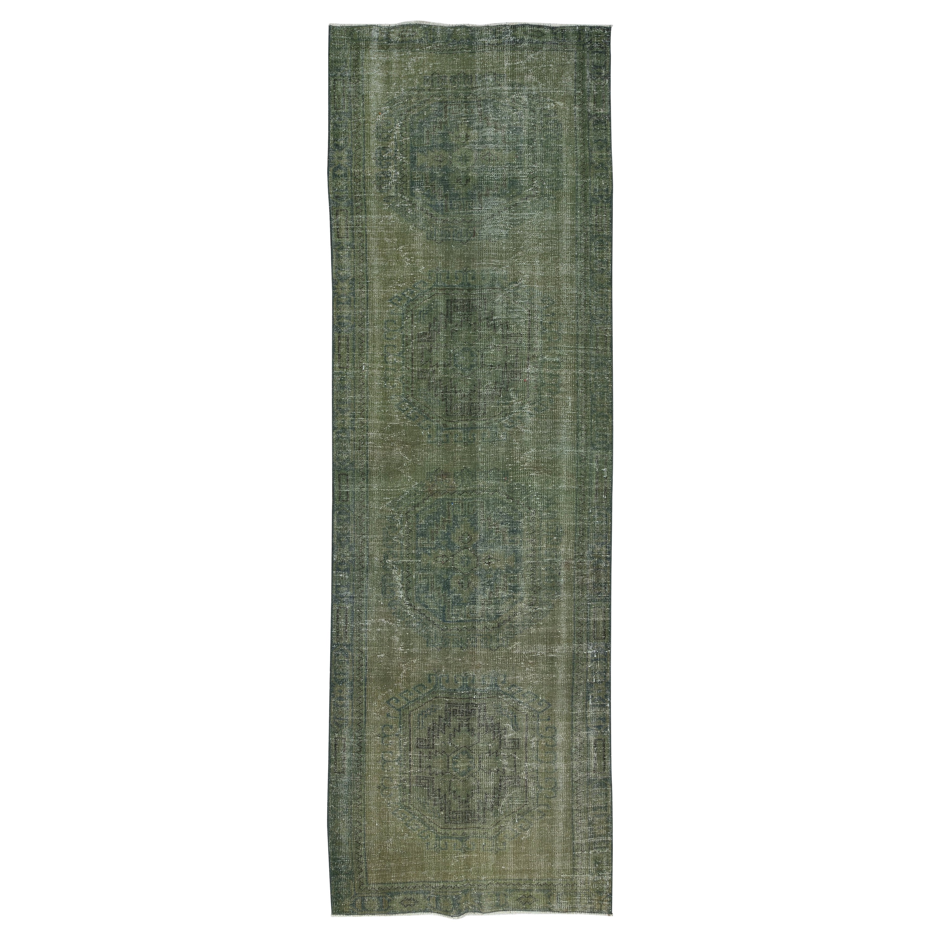 4x11.7 Ft Türkischer Vintage-Läufer für Flur. Grüner handgefertigter Korridor-Teppich