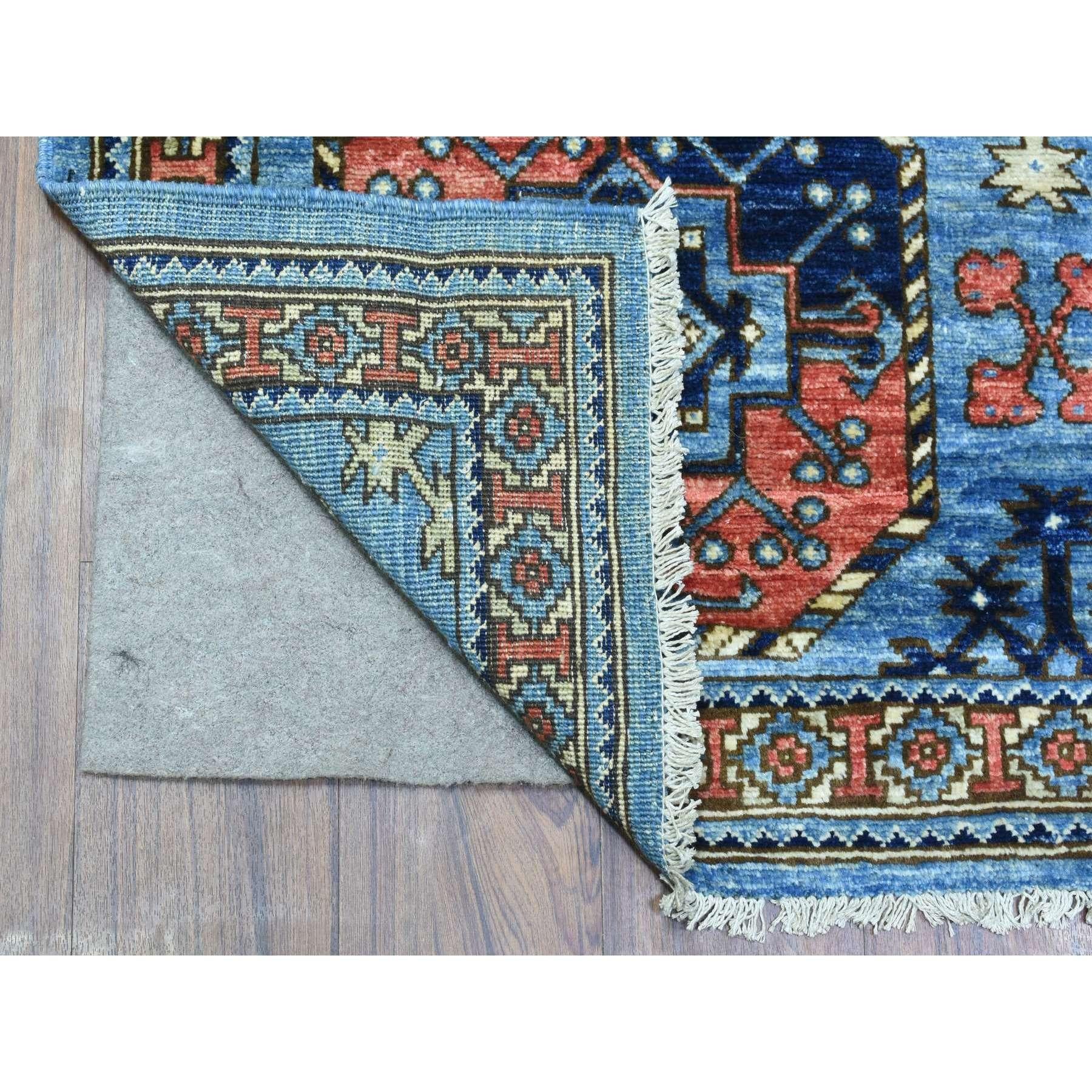 This is a truly genuine one-of-a-kind Argentina Blue, Pure Wool Hand Knotted, Afghan Ersari with Elephant Feet Design, Soft and Lush Pile Natural Dyes, Wide Runner Oriental Rug. It has been Knotted for months and months in the centuries-old weaving