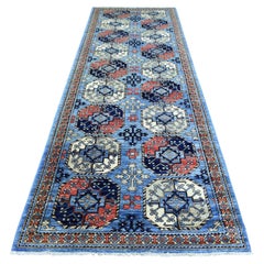 4'x11'8" Argentina Blue Pure Wool Hand Knotted Afghan Ersari Wide Runner Rug