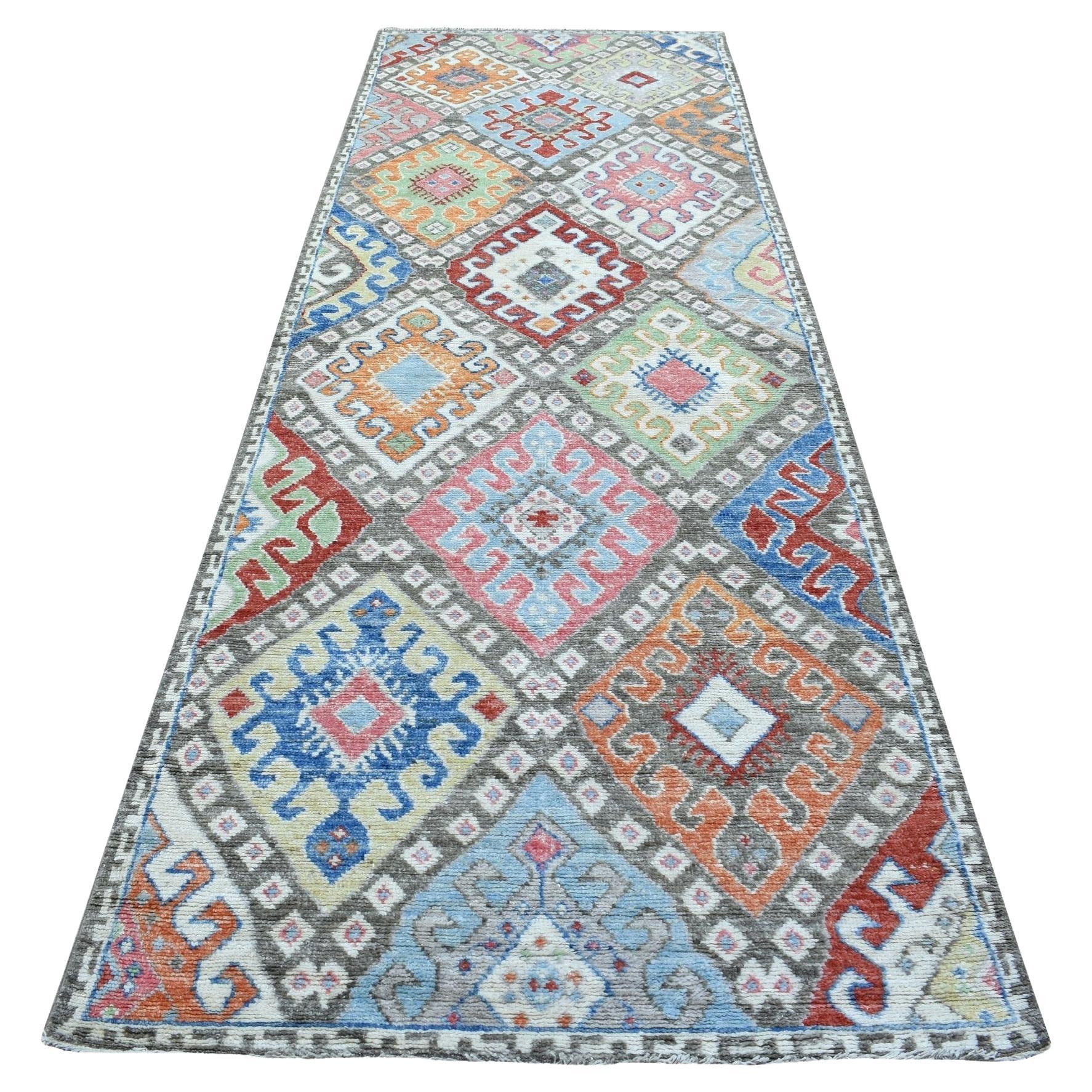 4'x11'8" Gray Extra Soft Wool Hand Knotted Anatolian Design Oriental Runner Rug