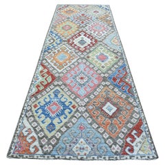 4'x11'8" Tapis de course oriental gris en laine extra douce nouée à la main à motif anatolien