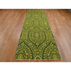 4'x11'8" Green Overdyed Mughal Design Tone on Tone Hand Knotted Wool Runner Rug