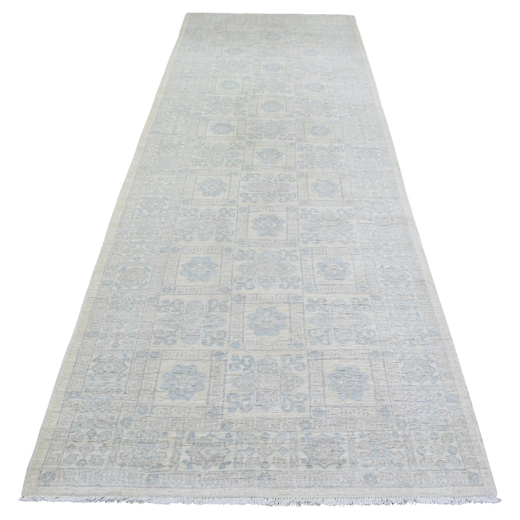 4'x11'8" Ivory, White Wash Peshawar Organic Wool Hand Knotted Wide Runner Rug