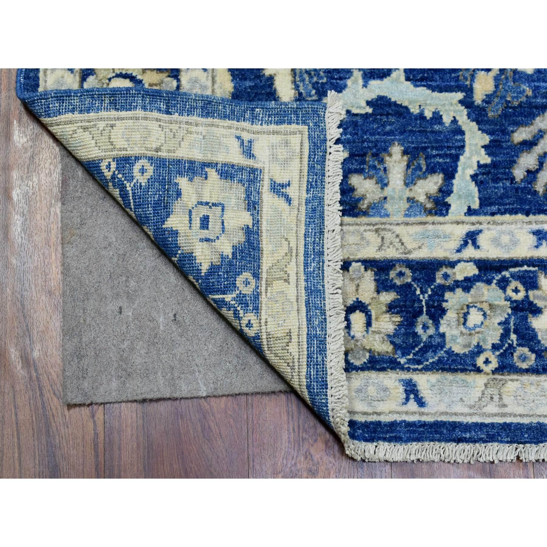 This is a truly genuine one-of-a-kind Navy Blue, Fine Peshawar with Ziegler Mahal Design, Natural Dyes Dense Weave, Soft and Velvety Wool Hand Knotted, Wide Runner Oriental Rug. It has been Knotted for months and months in the centuries-old weaving