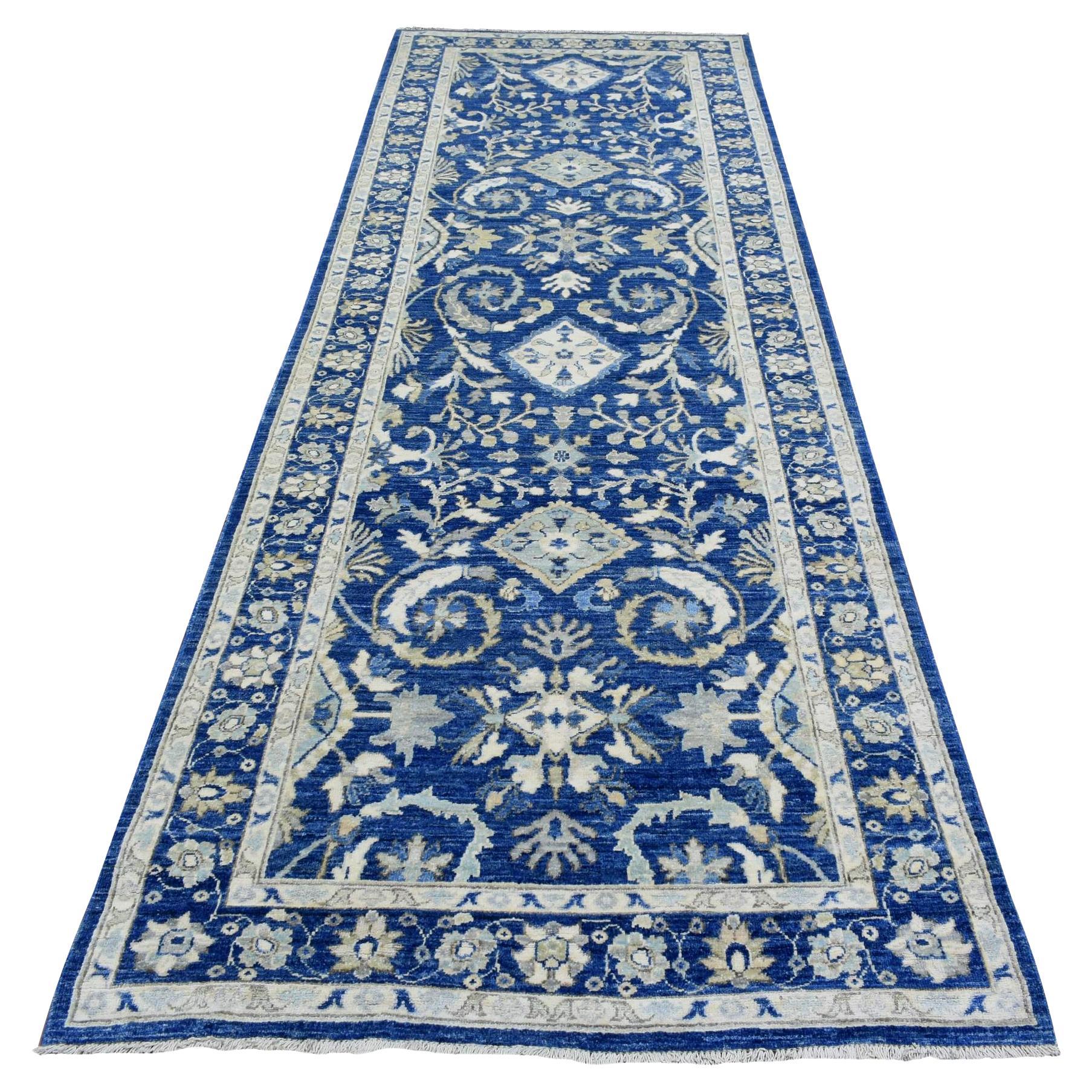 4'x11'8" Navy Blue Fine Peshawar Soft Wool Hand Knotted Wide Runner Rug For Sale
