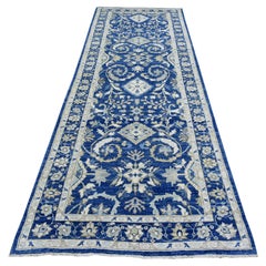 4'x11'8" Navy Blue Fine Peshawar Soft Wool Hand Knotted Wide Runner Rug