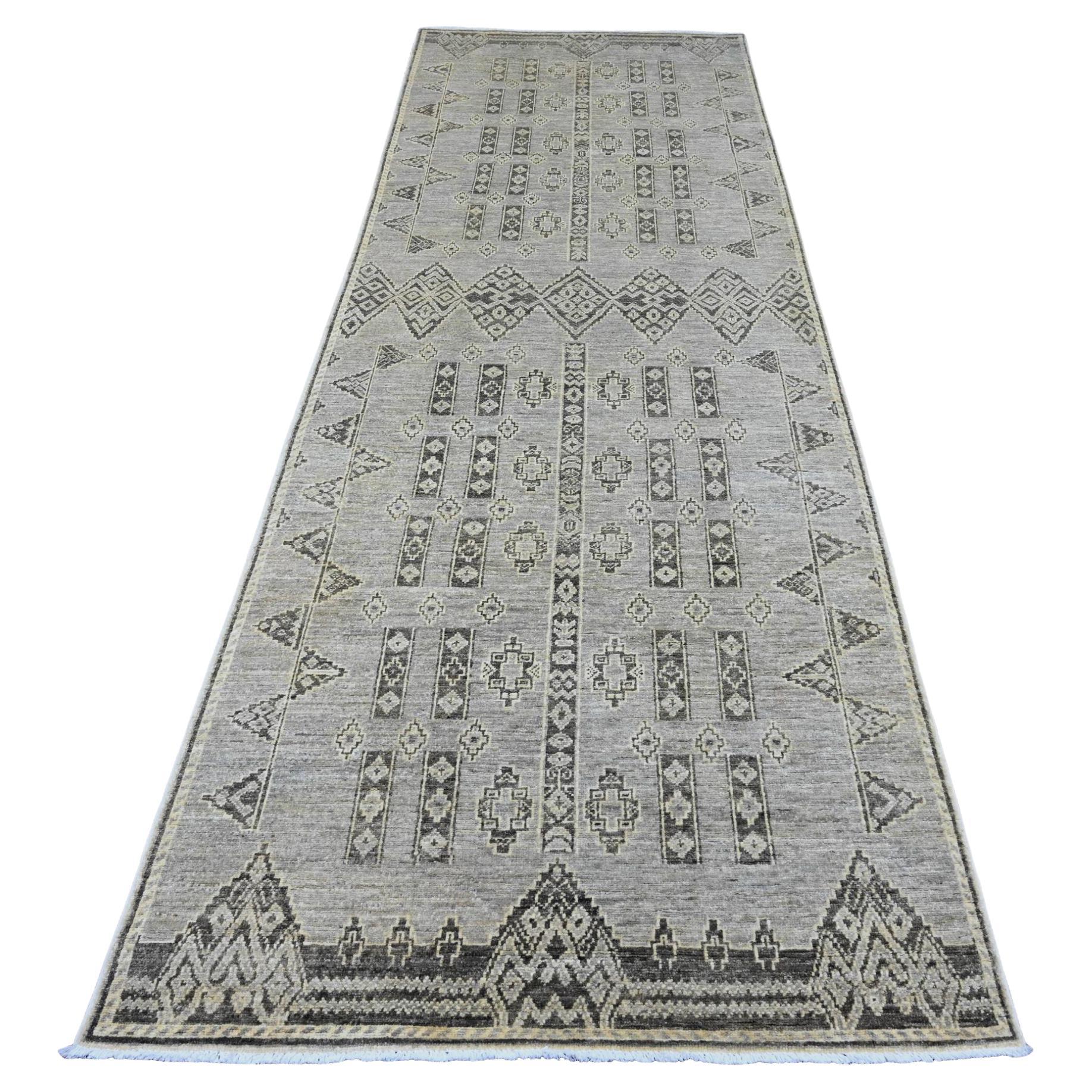4'x11'9" Gray Geometric Design Berber Influence Hand Knotted Wool Runner Rug