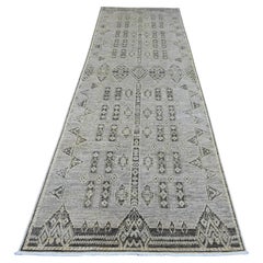 Tapis de course en laine nouée à la main 4'x11'9" Gris Geometric Design Berber Influence