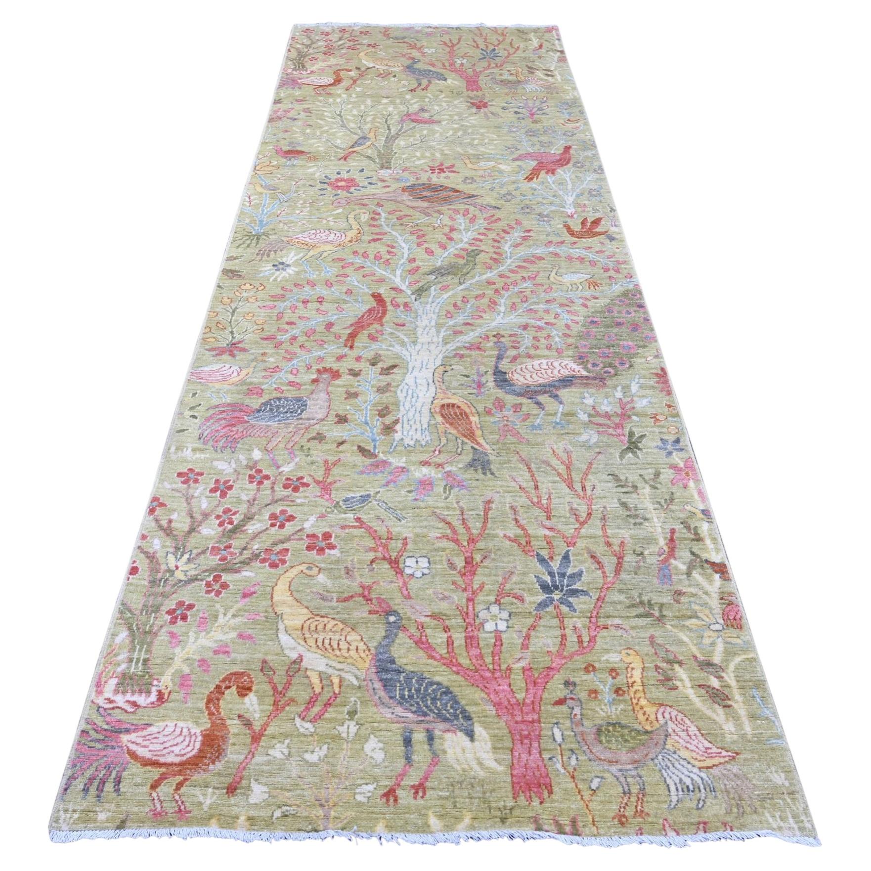 4'x11'9" Green Peshawar Birds of Paradise Design Hand Knotted Wool Runner Rug