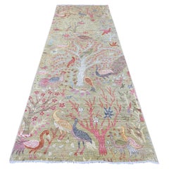 4'x11'9" Green Peshawar Birds of Paradise Design Hand Knotted Wool Runner Rug