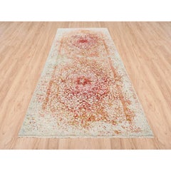 4'x11'9" Hand Knotted Pink Persian Design Wool and Silk Wide Runner Rug