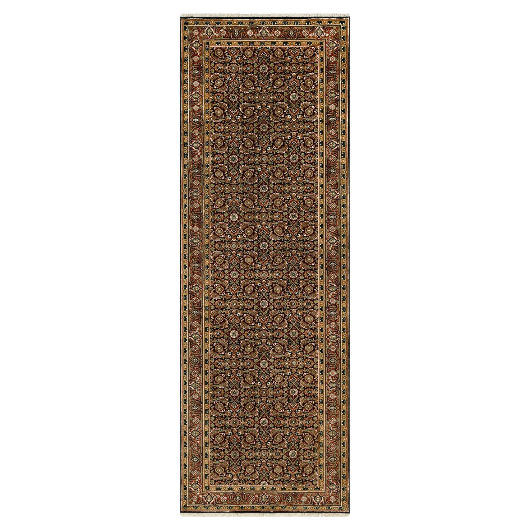 4'x11'9" Jet Black Fish Herati Design Wool Hand Knotted Wide Runner Rug