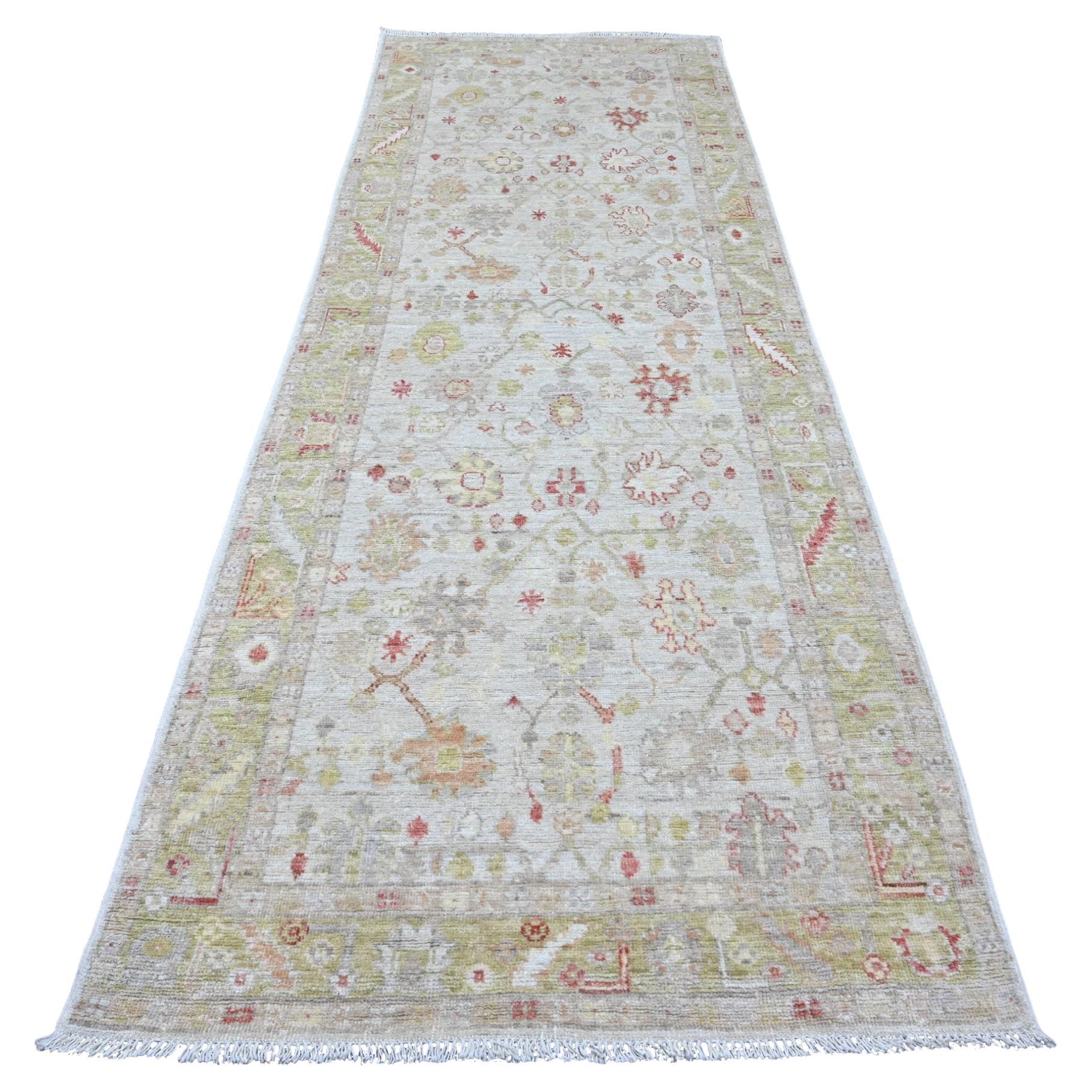4'x11'9" White Hand Knotted Afghan Angora Oushak Leaf Design Wool Runner Rug