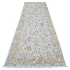 4'x11'9" White Hand Knotted Afghan Angora Oushak Leaf Design Wool Runner Rug