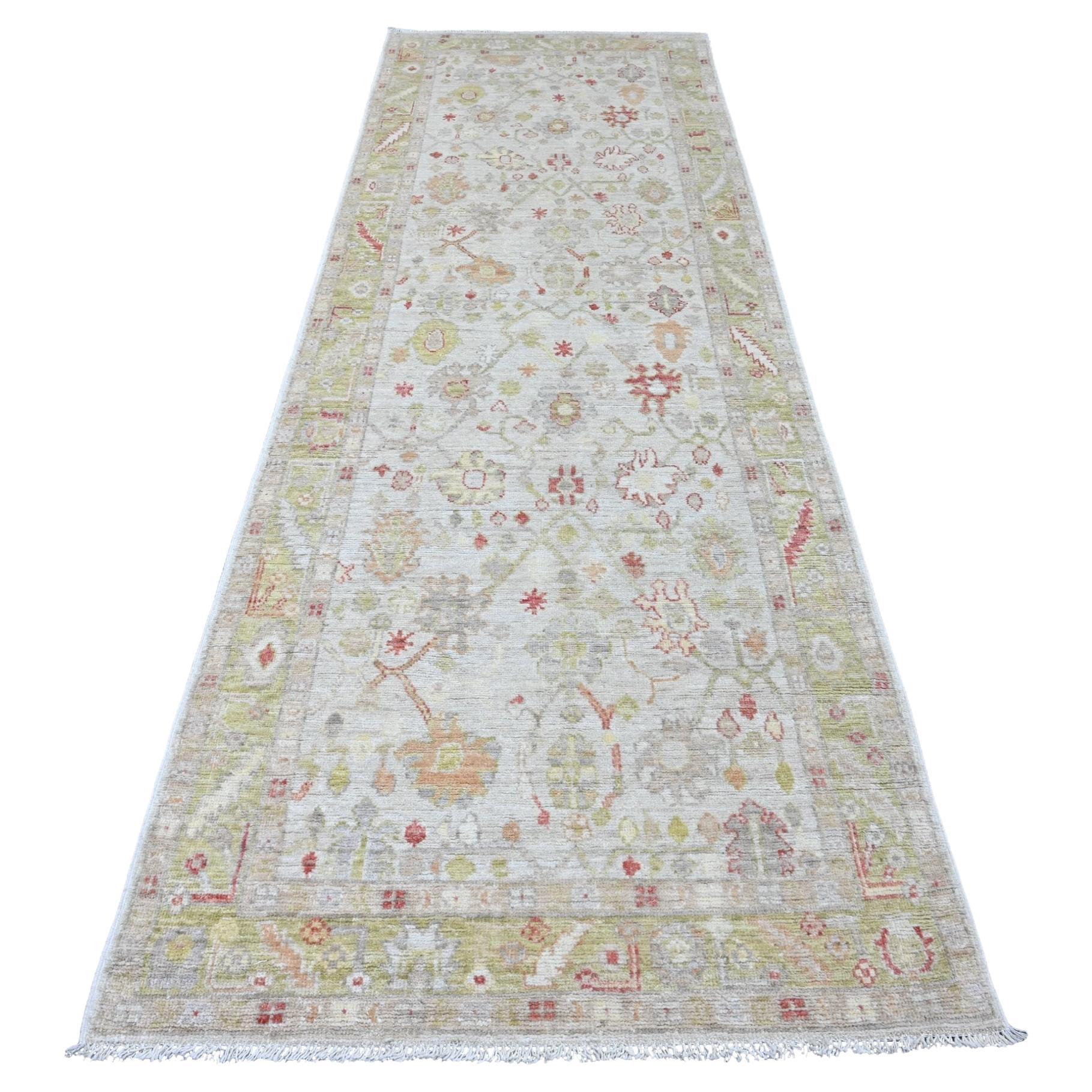 4'x11'9" White Hand Knotted Afghan Angora Oushak Leaf Pattern Wool Runner Rug