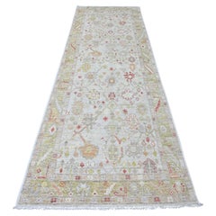 4'x11'9" White Hand Knotted Afghan Angora Oushak Leaf Pattern Wool Runner Rug