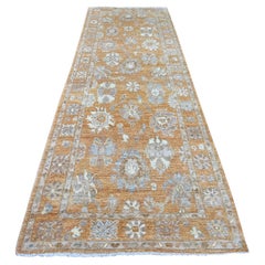 4'x12' Tapis de course en laine marron Afghan Angora Oushak Leaf Design, noué à la main