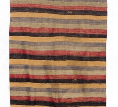 4x12 Ft Vintage Handmade Kilim Runner in Yellow, Black, Red, Blue & Gray Stripes