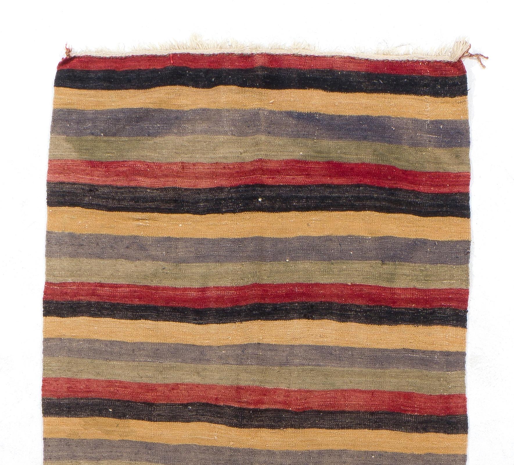 Turkish 4x12 Ft Vintage Handmade Kilim Runner in Yellow, Black, Red, Blue & Gray Stripes For Sale