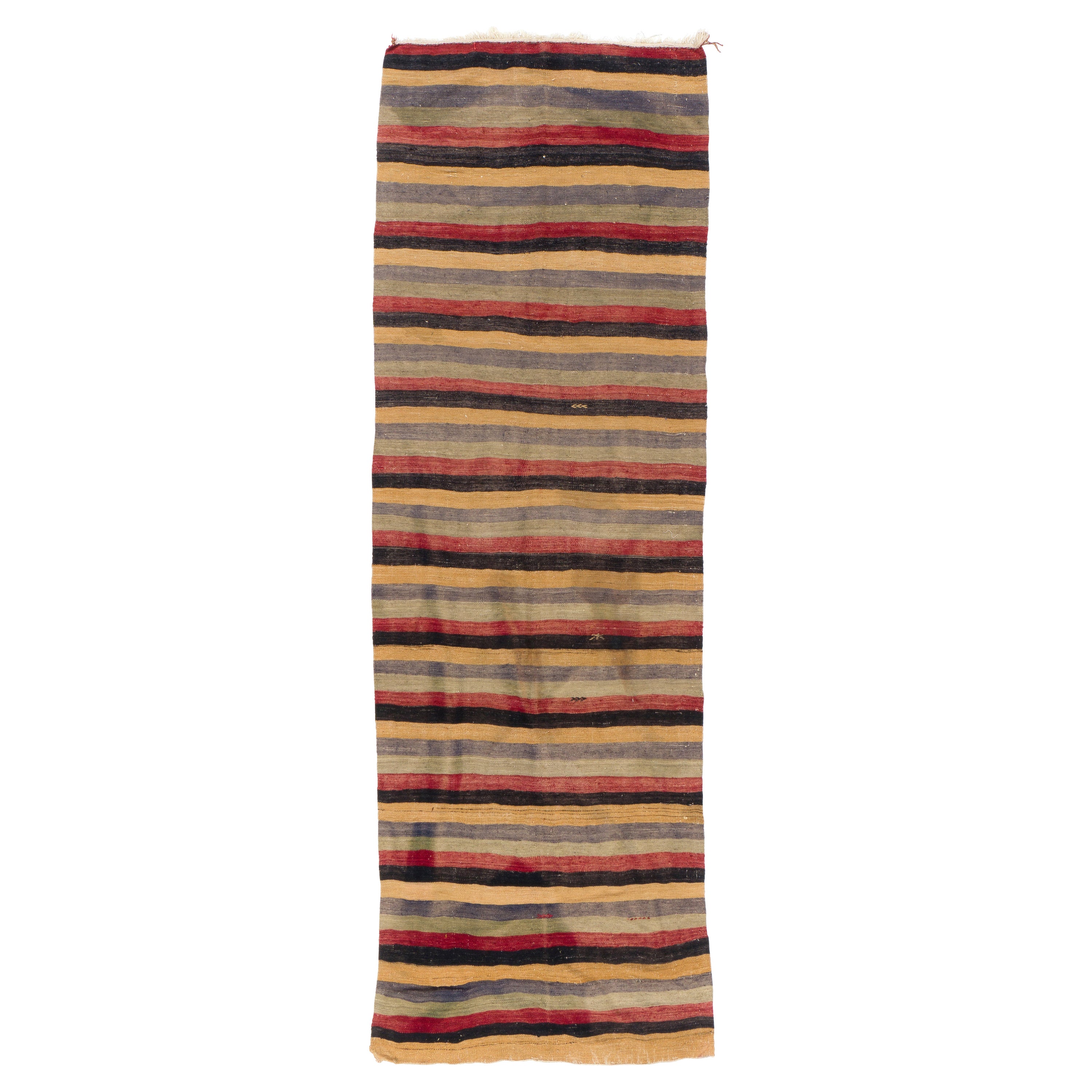 4x12 Ft Vintage Handgemachter Kilim Läufer in Gelb, Schwarz, Rot, Blau & Graue Streifen im Angebot