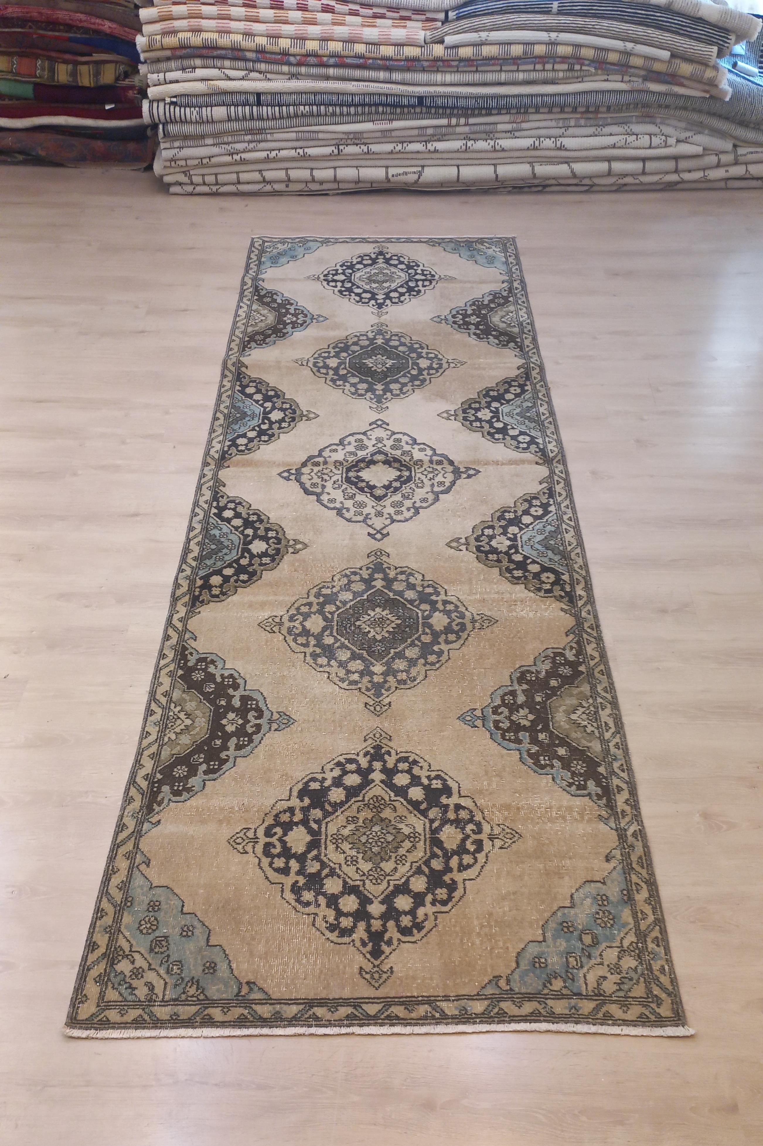 Hand-Knotted 4x12 ft Vintage Oushak Runner, Hallway Rug Authentic Wool Carpet from Turkey For Sale