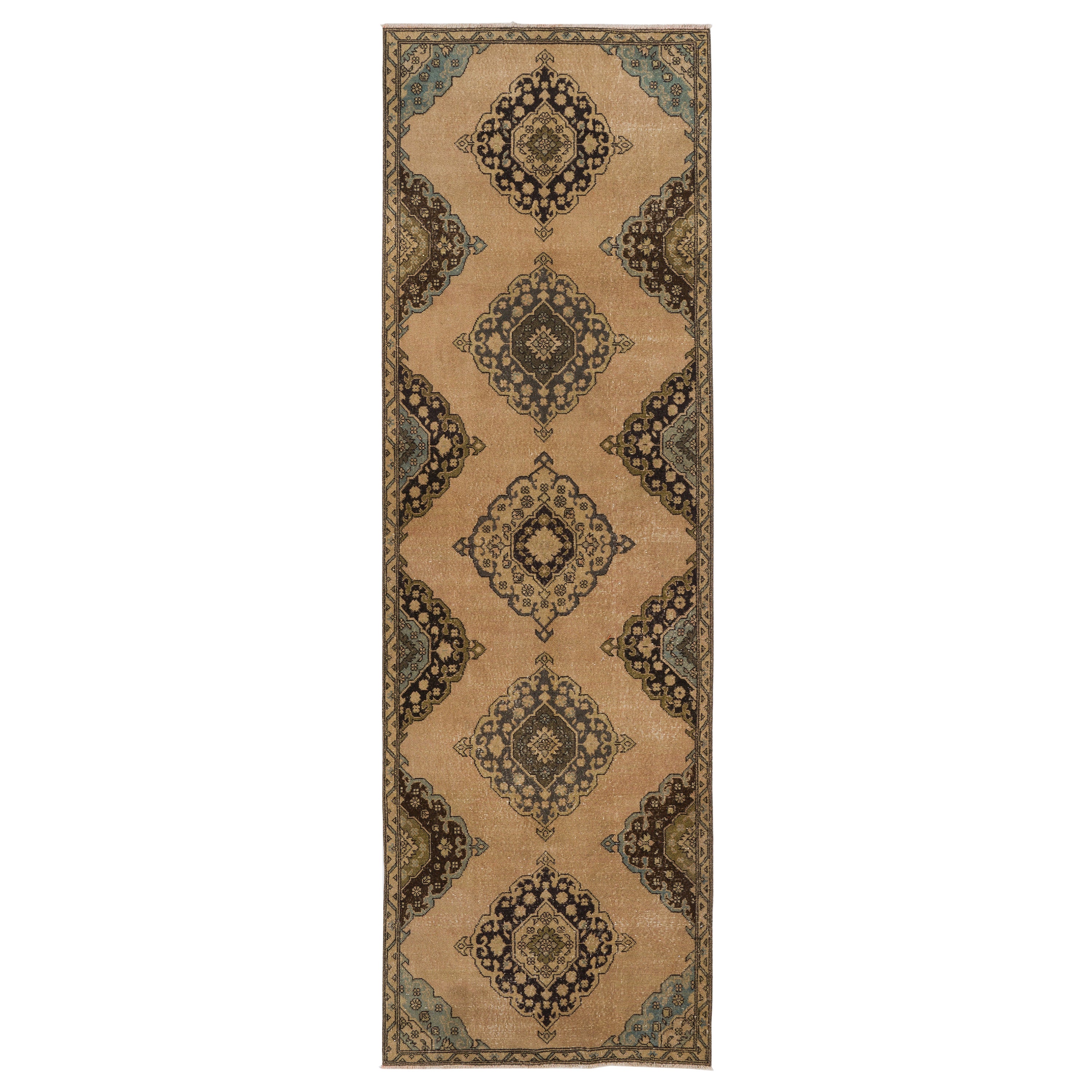4x12 ft Vintage Oushak-Läufer, Flurteppich aus authentischer Wolle aus der Türkei