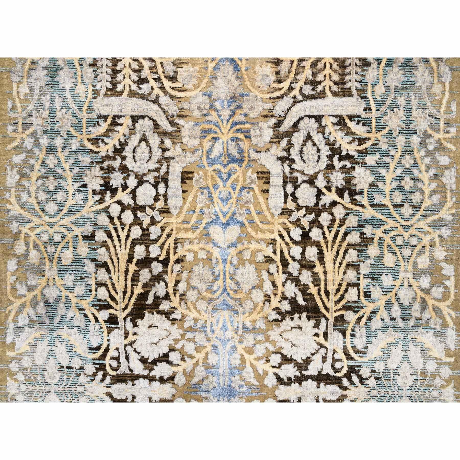 Noué à la main 4'x12' Brown, soie et laine texturée, noué à la main, chemin de table, tapis en vente