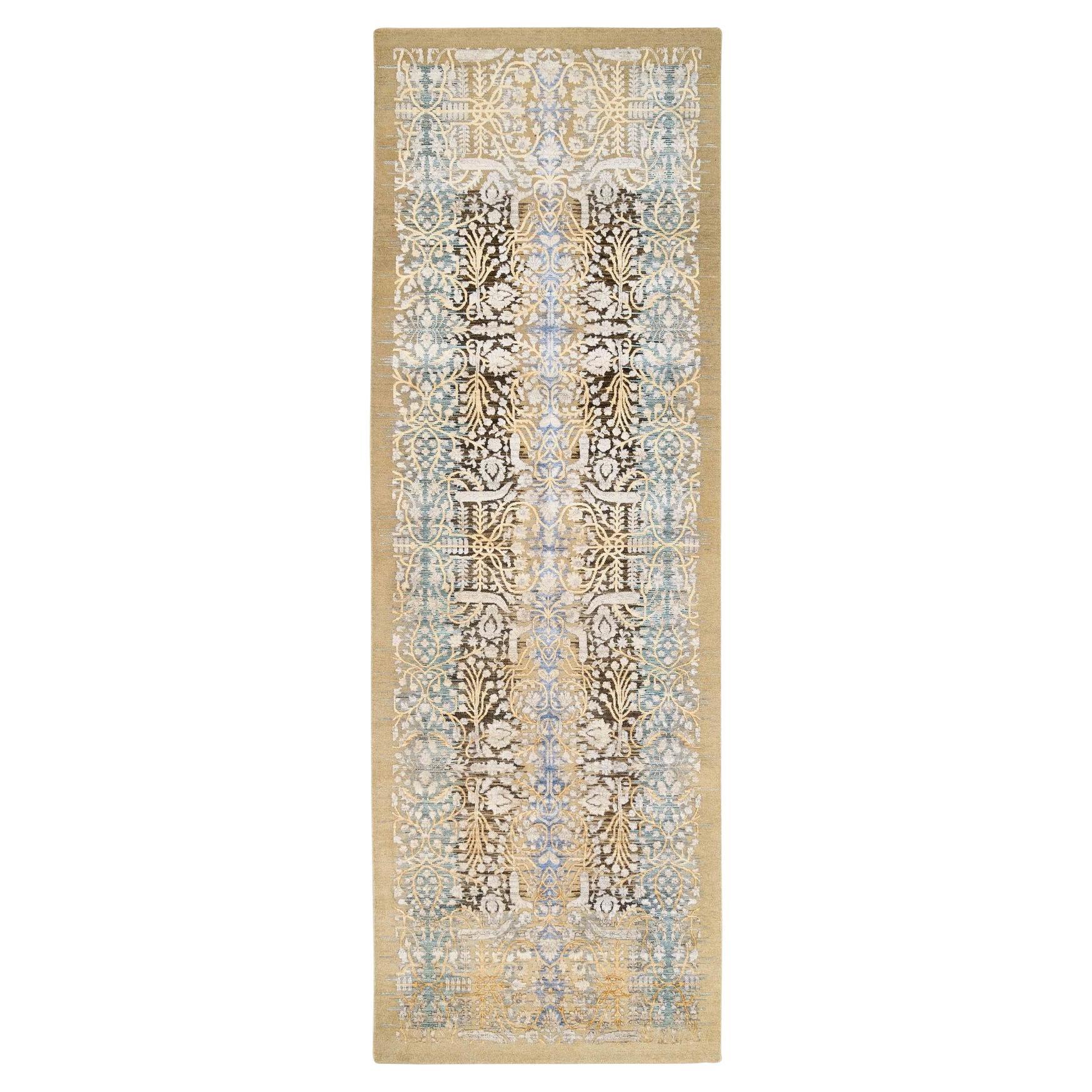 4'x12' Gold Brown, Silk With Textured Wool, Hand Knotted, Runner, Rug