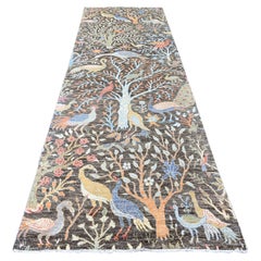 4'x12' Gray Peshawar Birds of Paradise Design Hand Knotted Wool Runner Rug