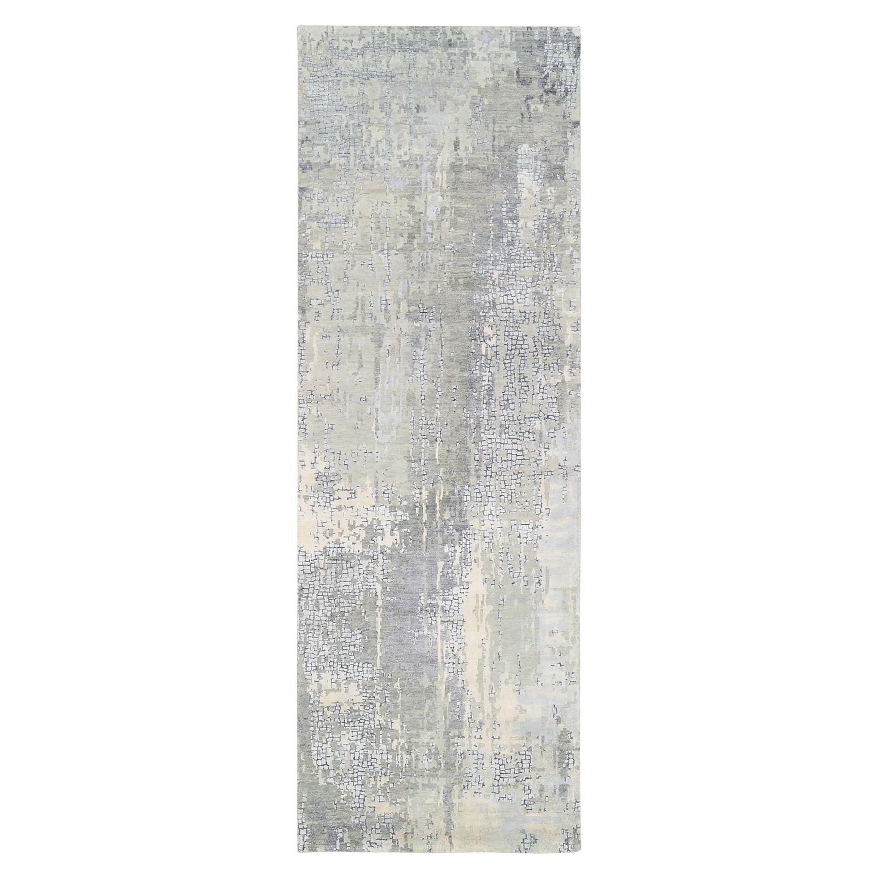 4'x12' Hand Knotted Abstract with Mosaic Design Gray Wool and Silk Runner Rug