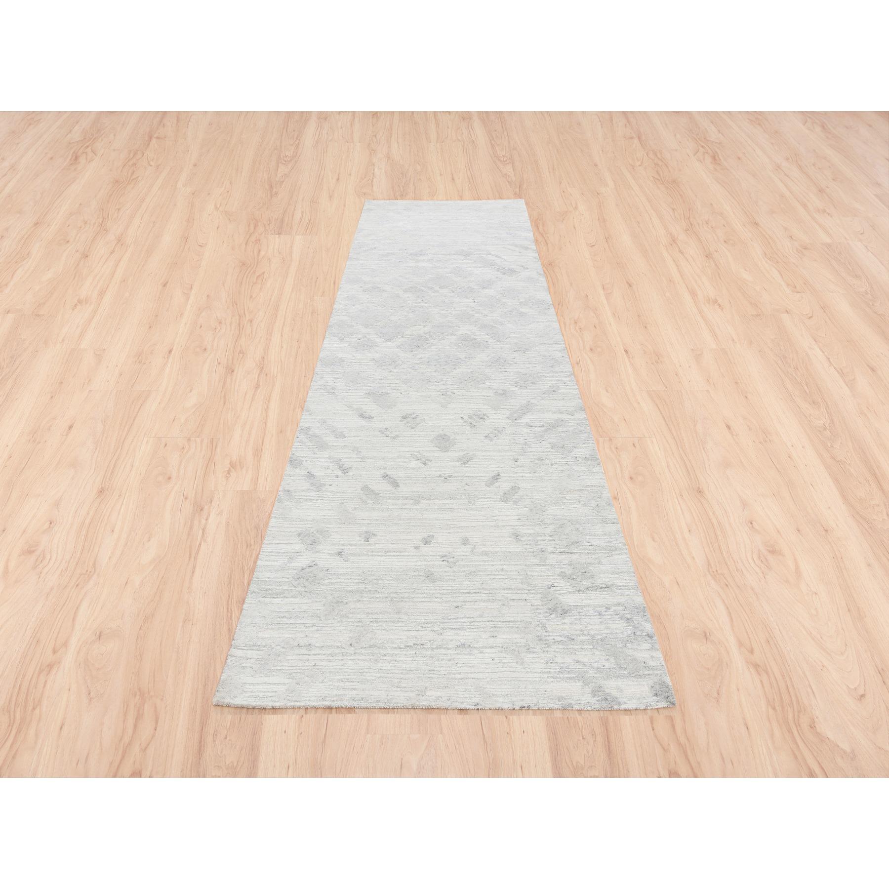 This is a truly genuine one-of-a-kind Modern Hand Spun Undyed Natural Wool Cut And Loop Pile Hand Knotted Ivory with Gray Oriental Wide Runner Rug. It has been Knotted for months and months in the centuries-old Persian weaving craftsmanship