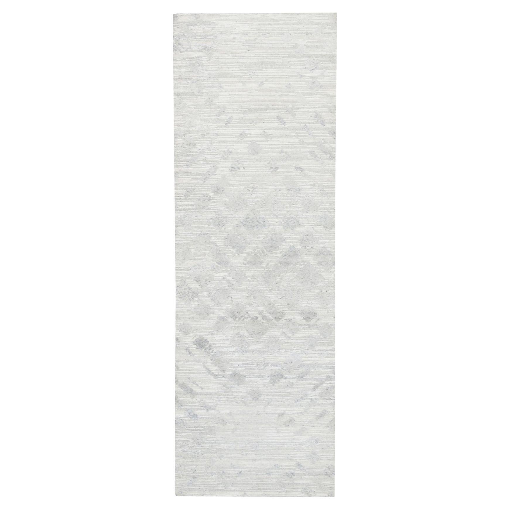 4'x12' Hand Spun Undyed Natural Wool Hand Knotted Ivory-Gray Wide Runner Rug For Sale