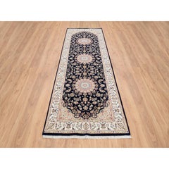 4'x12' Midnight Blue Pure Wool Hand Knotted Nain 250 KPSI Wide Runner Rug