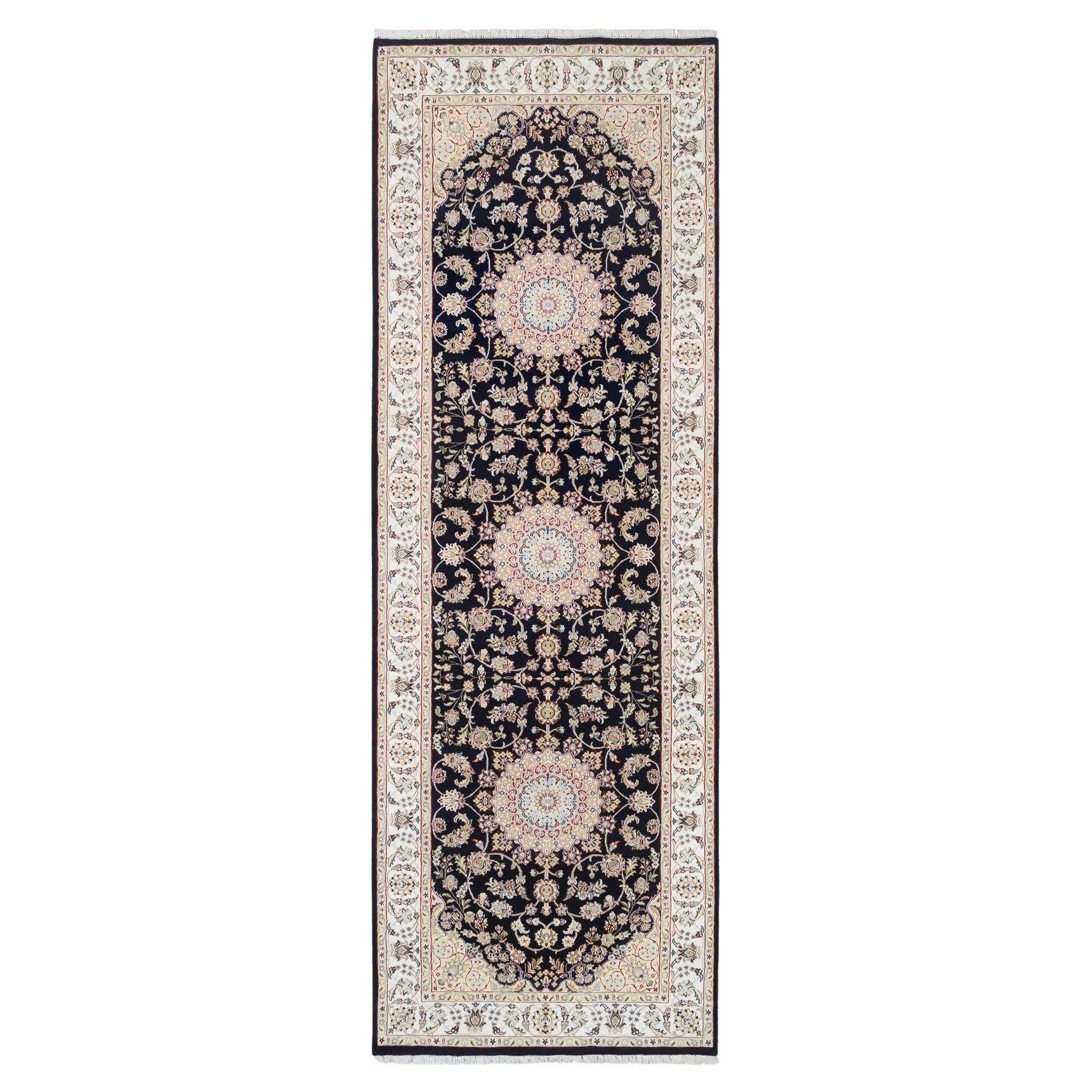 4'x12' Midnight Blue Pure Wool Hand Knotted Nain 250 KPSI Wide Runner Rug