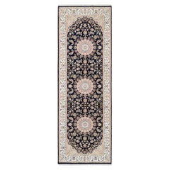4'x12' Midnight Blue Pure Wool Hand Knotted Nain 250 KPSI Wide Runner Rug
