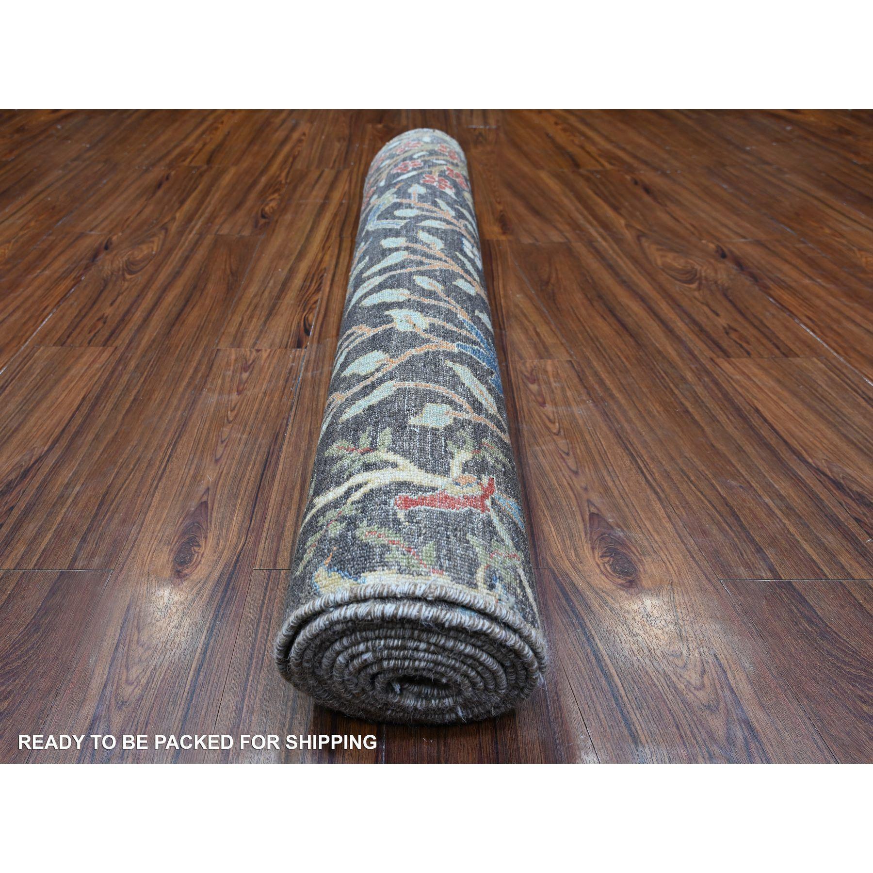 Noué à la main 4'x12' Olive Noir Afghan Peshawar Tapis de course large en laine nouée à la main en vente