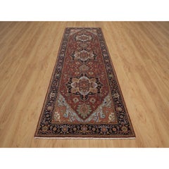 4'x12' Red Antiqued Fine Heriz Re-Creation Pure Wool Hand Knotted Runner Rug