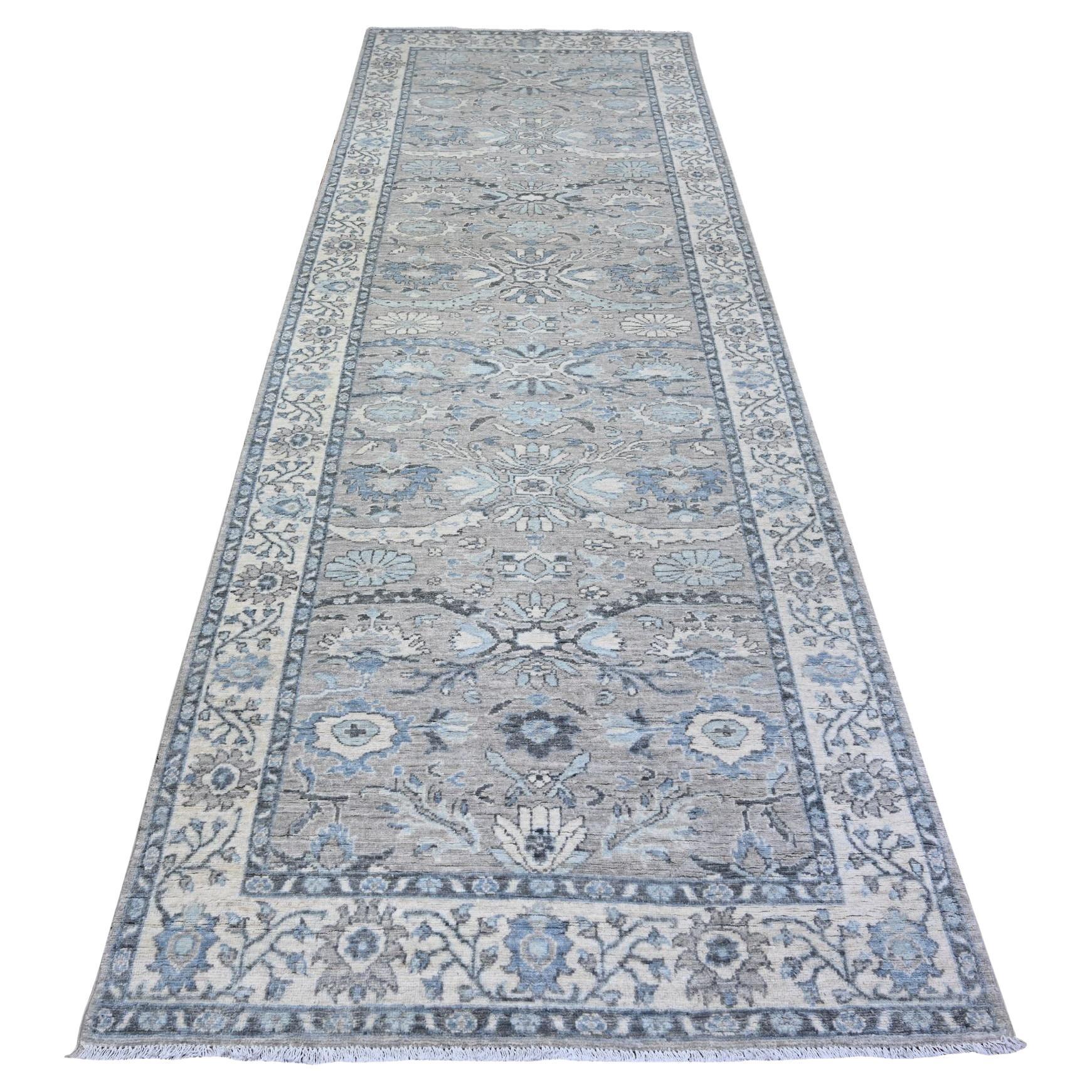 4'x12' Upward Gray Wool Sickle Leaf Design Wide Runner Hand Knotted Rug