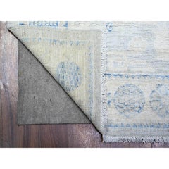 4'x12'1" Chrome Gray Hand Knotted White Wash Khotan Pomegranate Wool Runner Rug