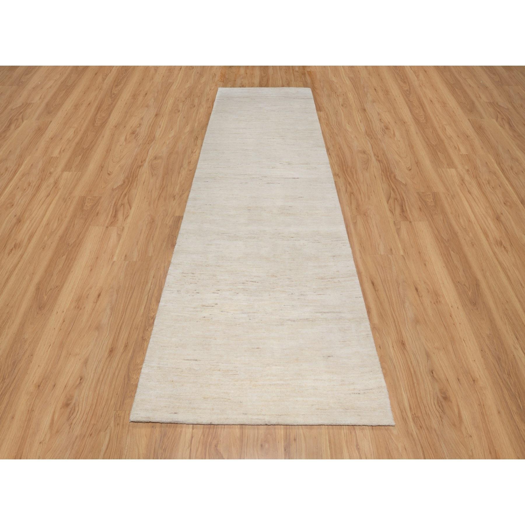 Parchment White, Hand Knotted, Lori Buft Gabbeh, Modern, Thick and Plush, Plain Design, 100% Wool, Wide Runner, Oriental Rug
Primary materials: Wool
Latex: No Pile 
height: 0.25 Inches
Style: Transitional
Primary color: Ivory
Secondary colors: Cream