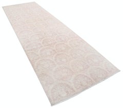 4x12.2 ft Hand Knotted Ivory, Pale Pink Runner Rug. Ogee Trellis Design Rug