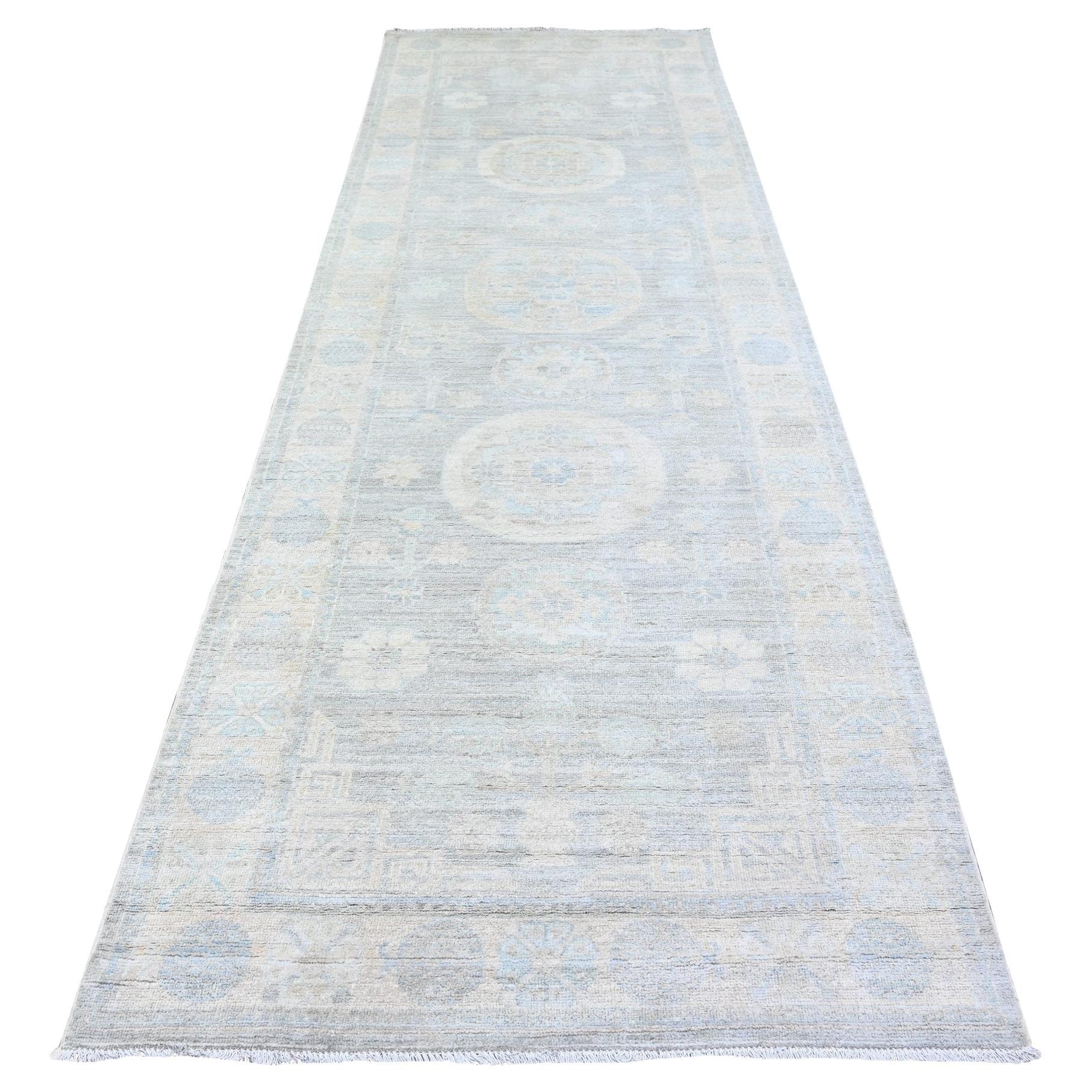4'x12'2" Gray White Wash Peshawar Wool Hand Knotted Runner Oriental Rug
