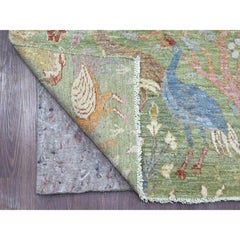4'x12'2" Green Hand Knotted Peshawar Birds of Paradise Design Wool Runner Rug
