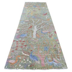 4'x12'2" Green Hand Knotted Peshawar Birds of Paradise Design Wool Runner Rug