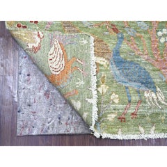 4'x12'2" Green Peshawar Birds of Paradise Design Hand Knotted Wool Runner Rug