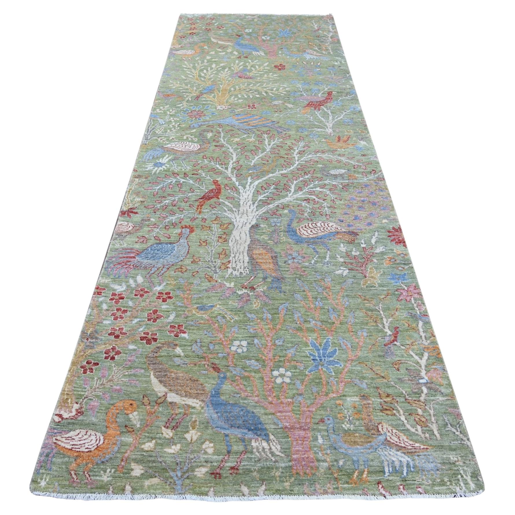 4'x12'2" Green Peshawar Birds of Paradise Design Hand Knotted Wool Runner Rug For Sale