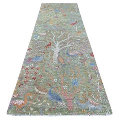 4'x12'2" Green Peshawar Birds of Paradise Design Hand Knotted Wool Runner Rug